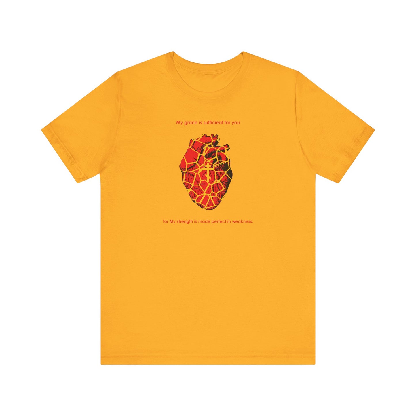 My Strength is Made Perfect in Weakness (2 Cor 12:9) | Kintsugi Style Golden Broken Heart | Orthodox Cross | Lightweight Cotton Unisex Tee