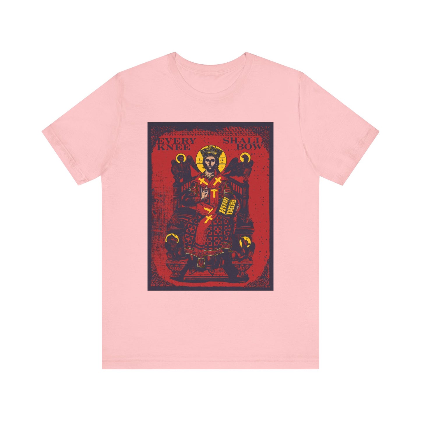 Pink "Every Knee Shall Bow" unisex t-shirt features Christ Enthroned IconoGraphic with Ezekiel’s Chariot, inspired by Phil 2:8-11 and Isaiah 45:23. Lightweight cotton, ornate crowned figure artwork.