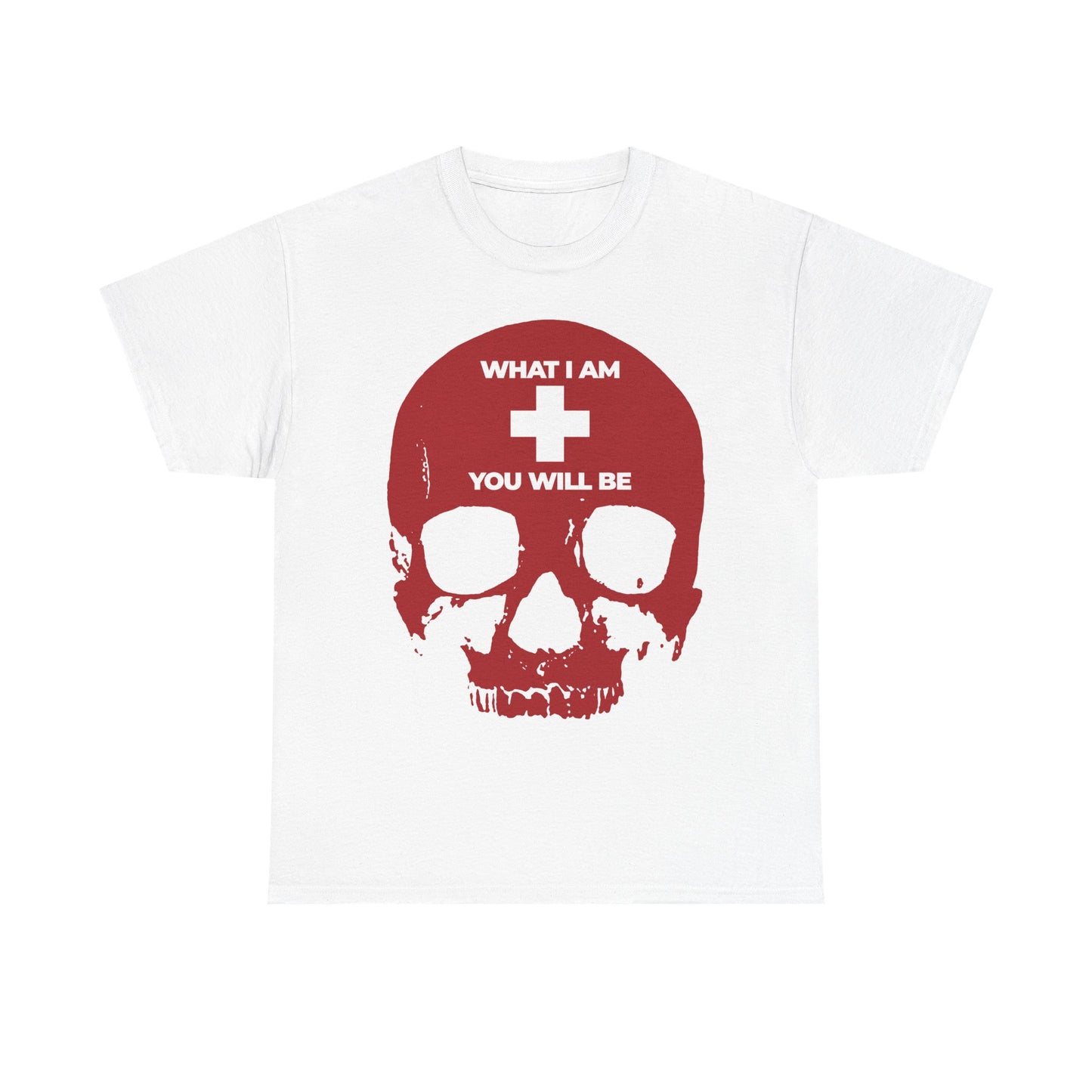 Showcase your faith and embrace timeless wisdom with the "What I Am You Will Be White Cross on Red Skull" unisex white tee—a midweight cotton shirt featuring a striking red skull graphic with a white cross, inspired by Memento Mori and Ecclesiastes 12:8-14.