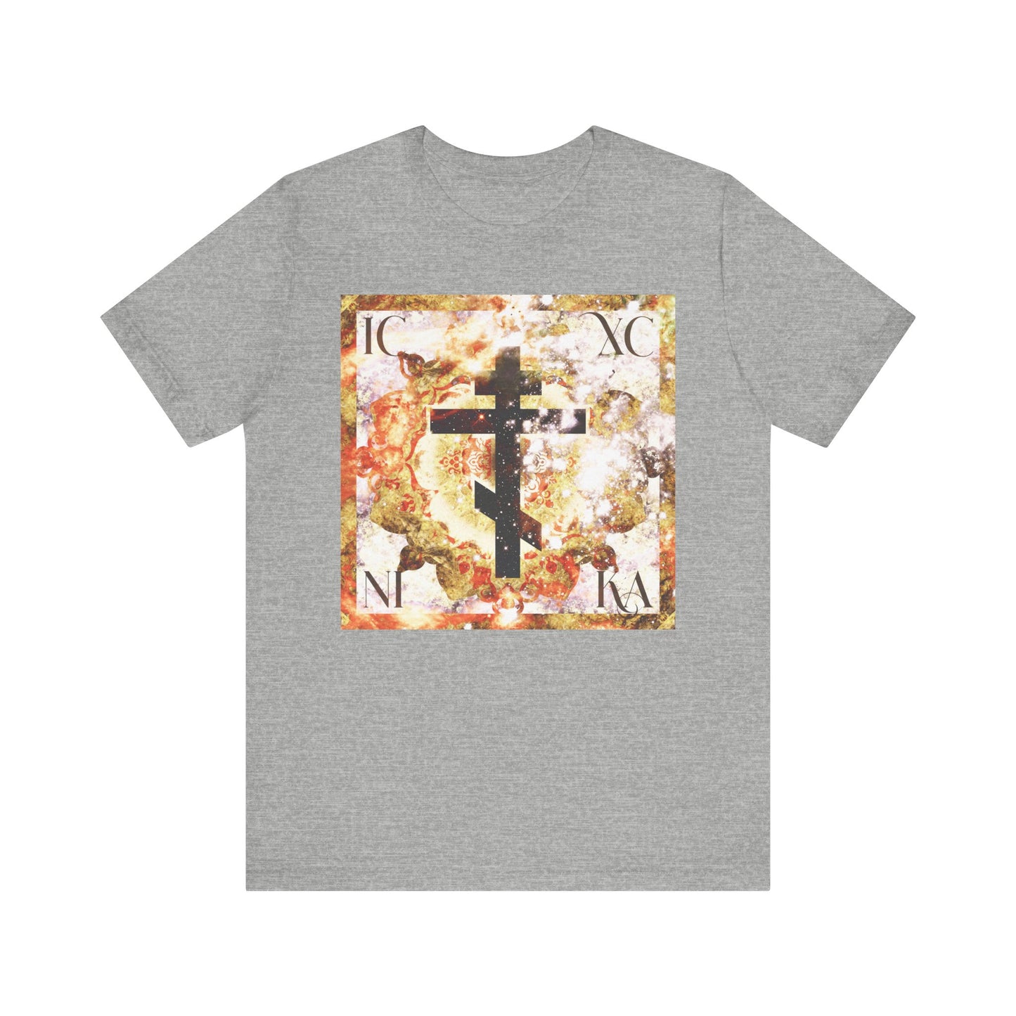 Athletic Heather T-shirt featuring the ICXC NIKA beige and brown textured glowing cosmic art cross with Greek letters, symbolizing the divine and human aspects of Christ’s Incarnation—Orthodox Christian lightweight cotton unisex design.