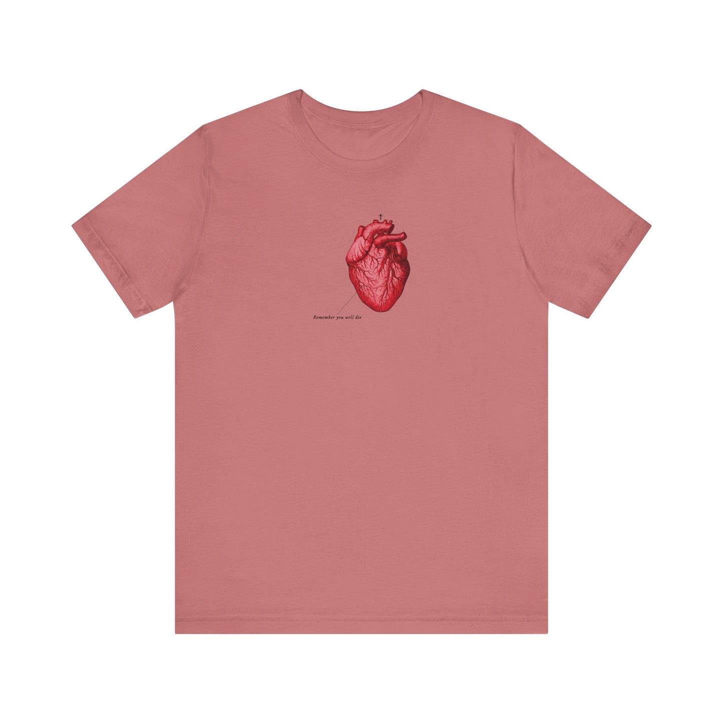 Mauve unisex tee, lightweight cotton, features a retro medical textbook heart with Orthodox cross and "Remember You Will Die" memento mori theme. Text below heart: "It's Later Than You Think." Inspired by St John's reflections on repentance.