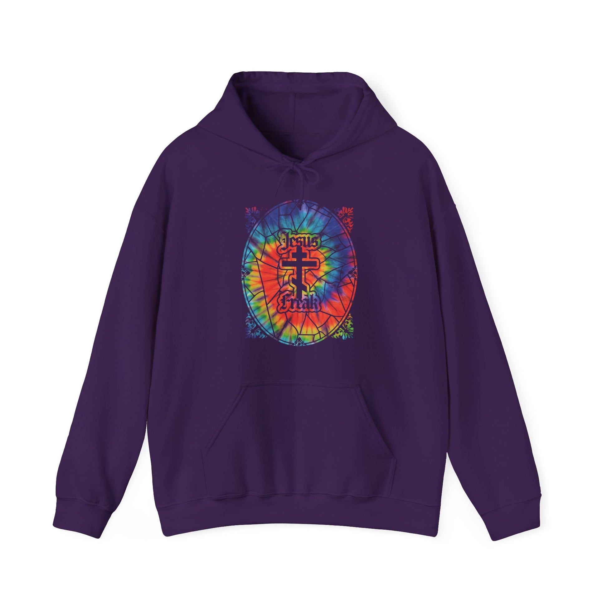Purple hoodie with a tie-dyed stained glass window design, Orthodox cross, and "Jesus Freak"—a vibrant tribute to the 70s Jesus Movement hippie era and Christian faith.