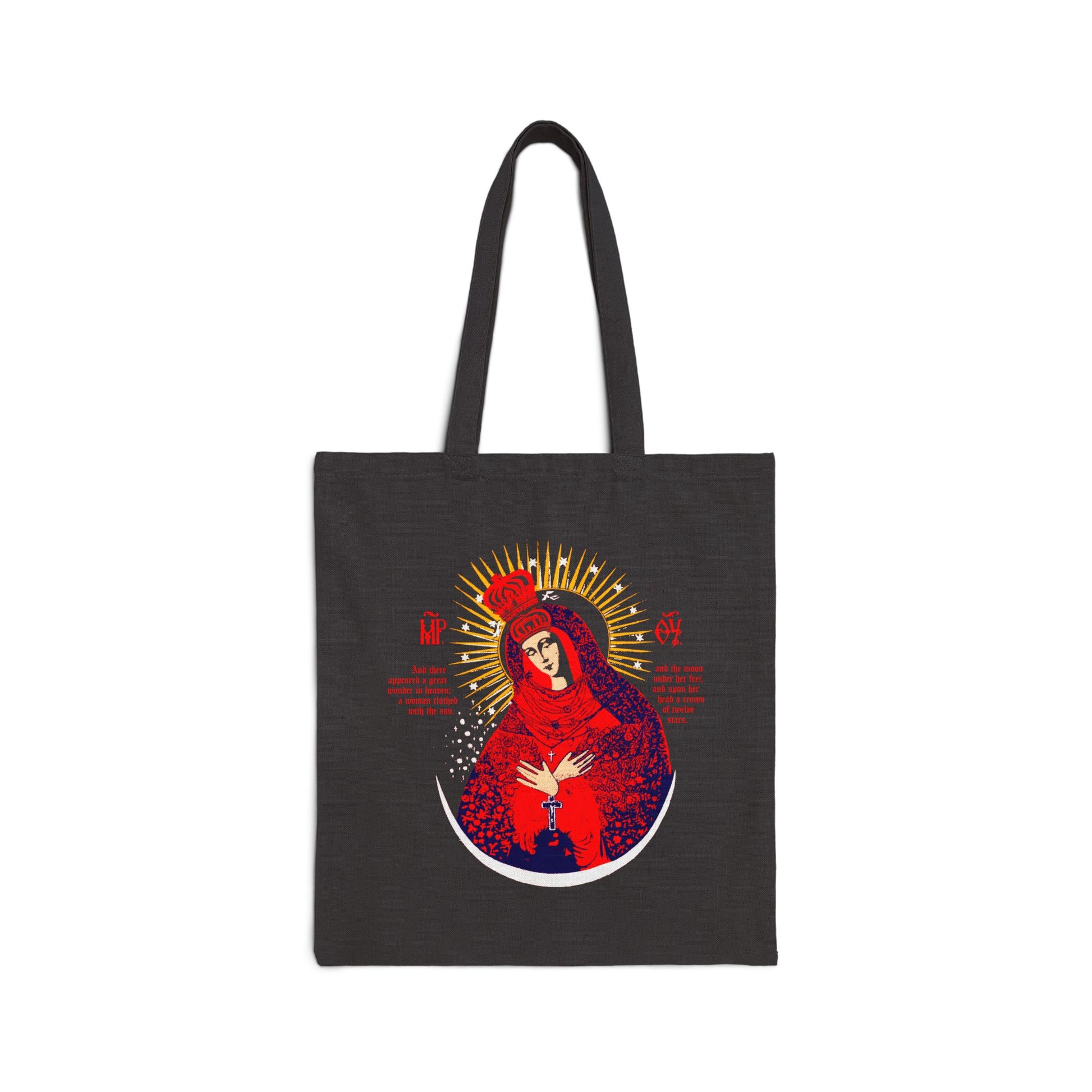 Black tote bag with "Our Lady the Gate of Dawn Icono-Graphic" design—features Theotokos crowned as Woman of the Apocalypse in vibrant red, blue & gold, inspired by Orthodox Christian iconography.