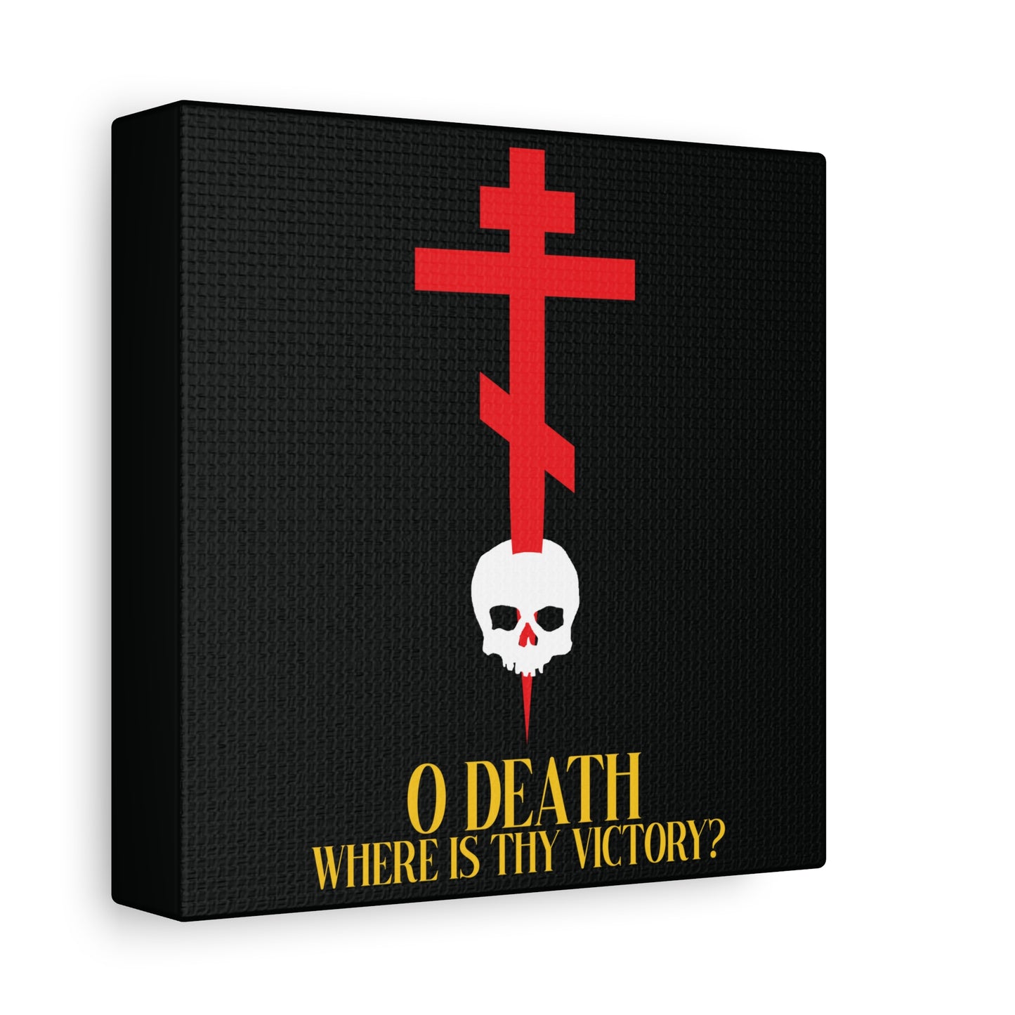 O Death Where is Thy Victory? (1 Corinthians 15:55) | Cross Stabbing Skull | Yellow Text | Orthodox Christian Canvas Art