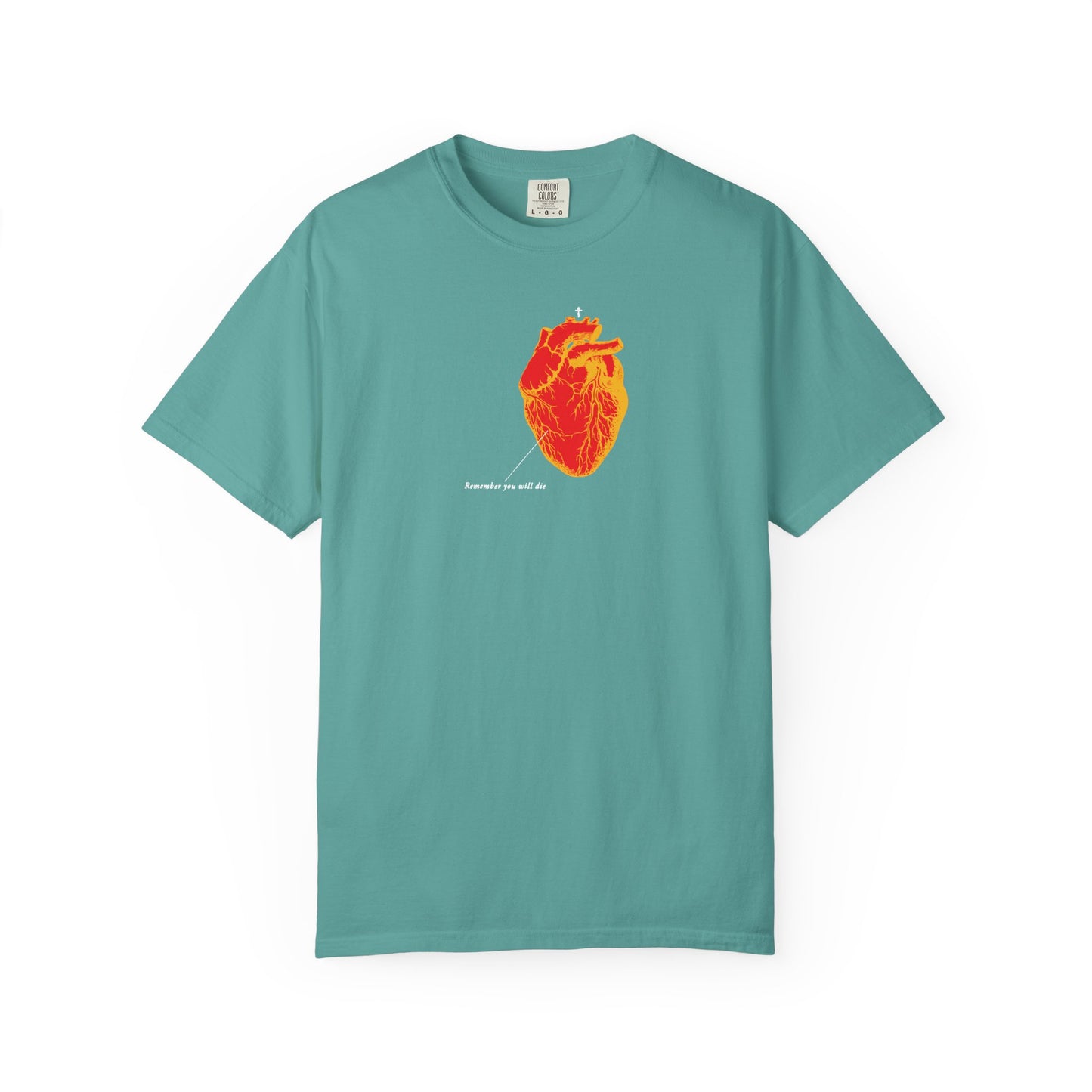 Seafoam unisex tee featuring a red and orange antique medical heart design and "Remember You Will Die" text—a memento mori reminder, crafted from heavyweight cotton.