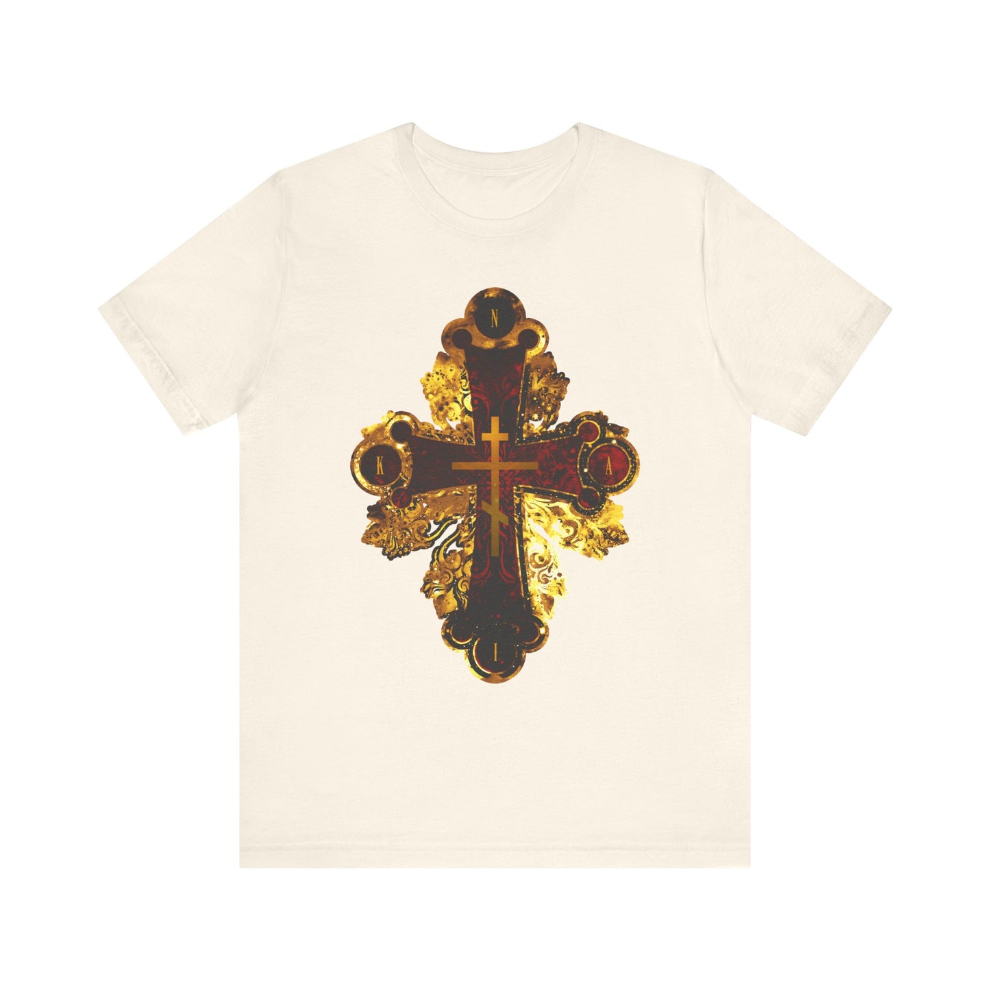 Natural-colored unisex t-shirt featuring the Ornate Metallic Style Orthodox NIKA Cross in a striking red and gold texture, inspired by the Sessional Hymn of Tone 3 Tuesday Matins, crafted from lightweight cotton.