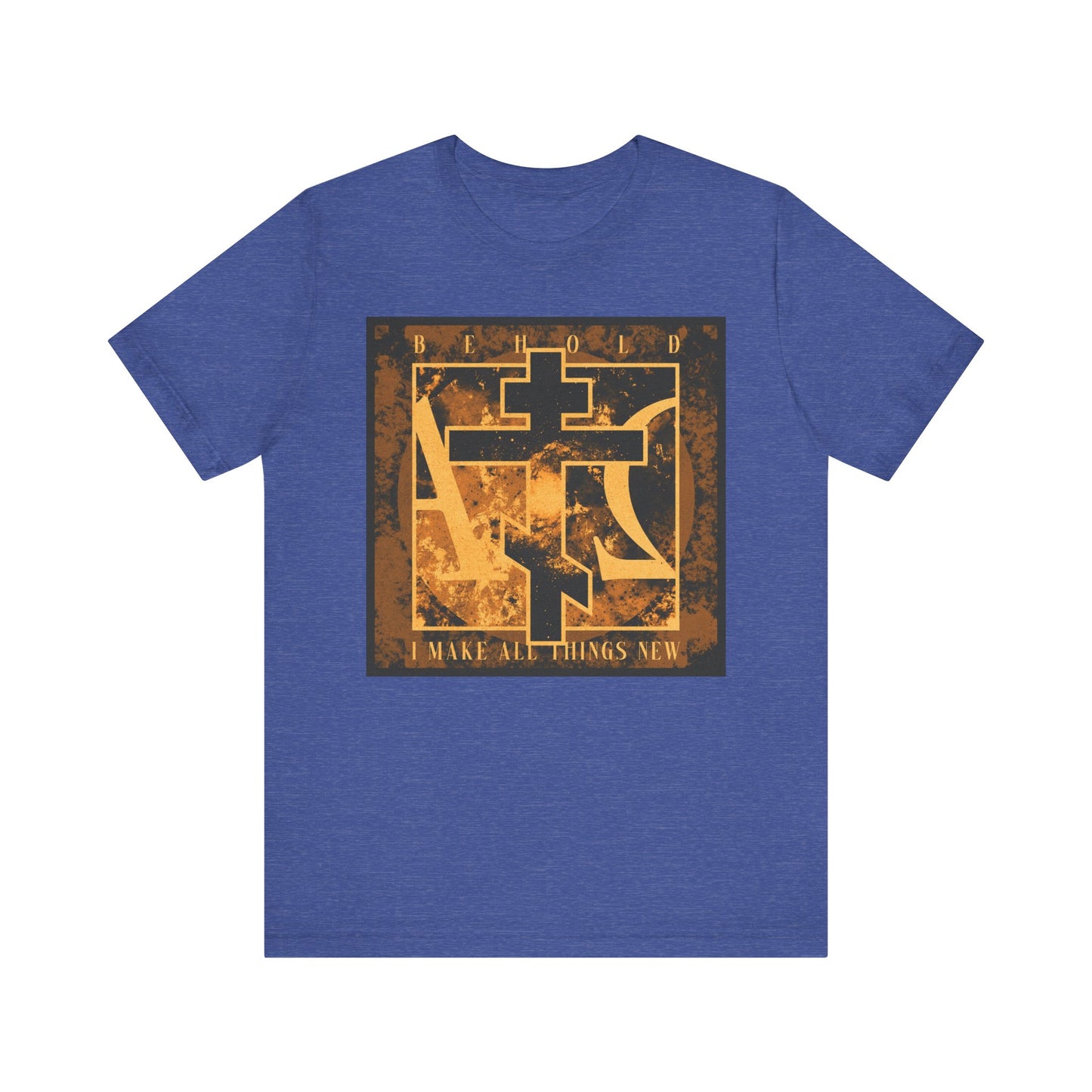 Heather True Royal "Behold, I Make All Things New (Rev 21:5)" T-shirt features a brown & orange Orthodox cross with Alpha & Omega background on lightweight cotton; bold front text inspired by Revelation. Unisex fit.