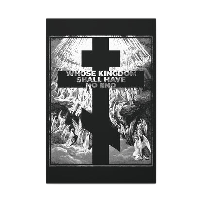Whose Kingdom Shall Have No End" Orthodox Wall Art: Gustave Dore etching with black cross overlay on angels ascending, and the central Nicene Creed text in white—bold Christian imagery for home or church decor.