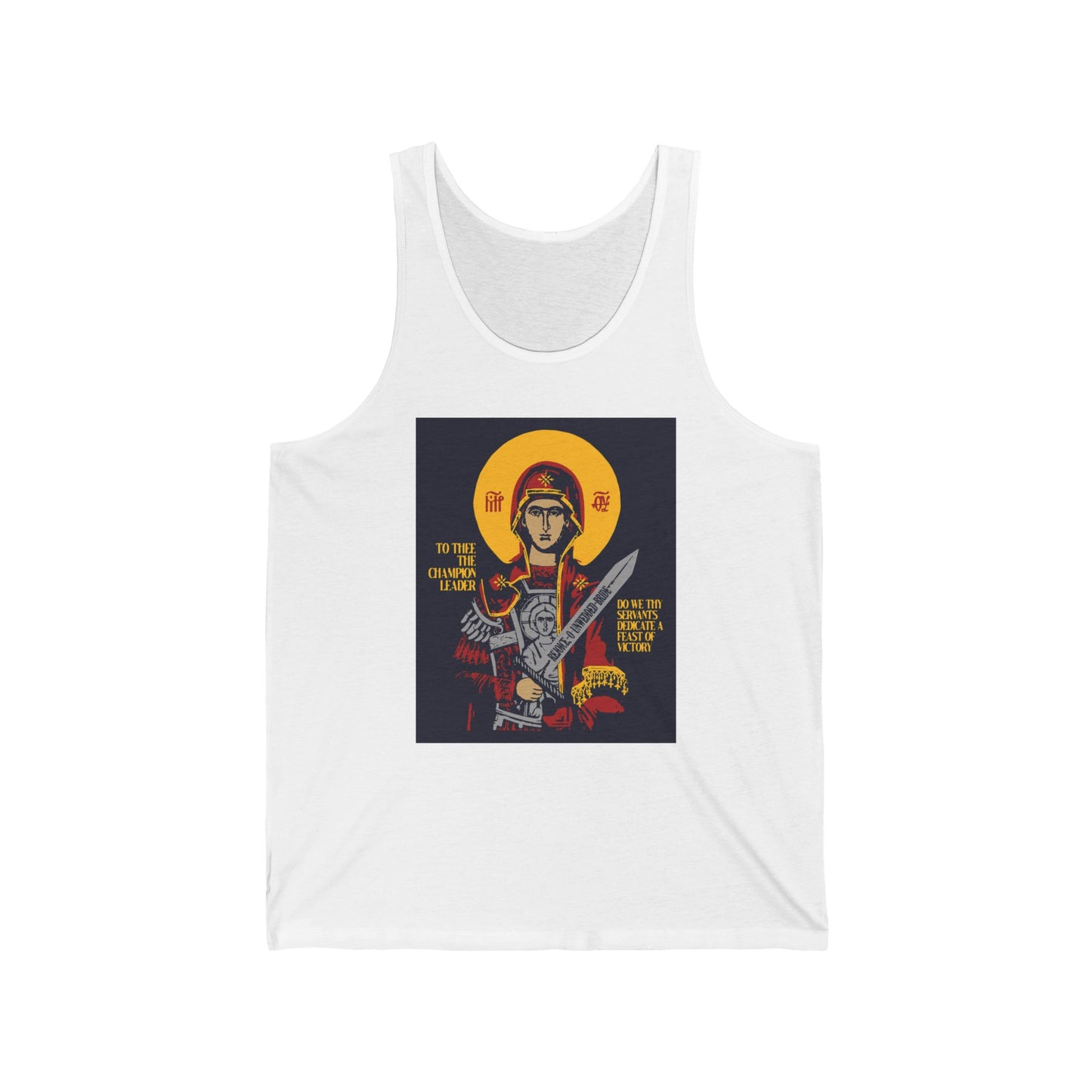 To Thee the Champion Leader | Mother of God | Theotokos with Sword IconoGraphic | Orthodox Christian Jersey Tank Top / Sleeveless Shirt