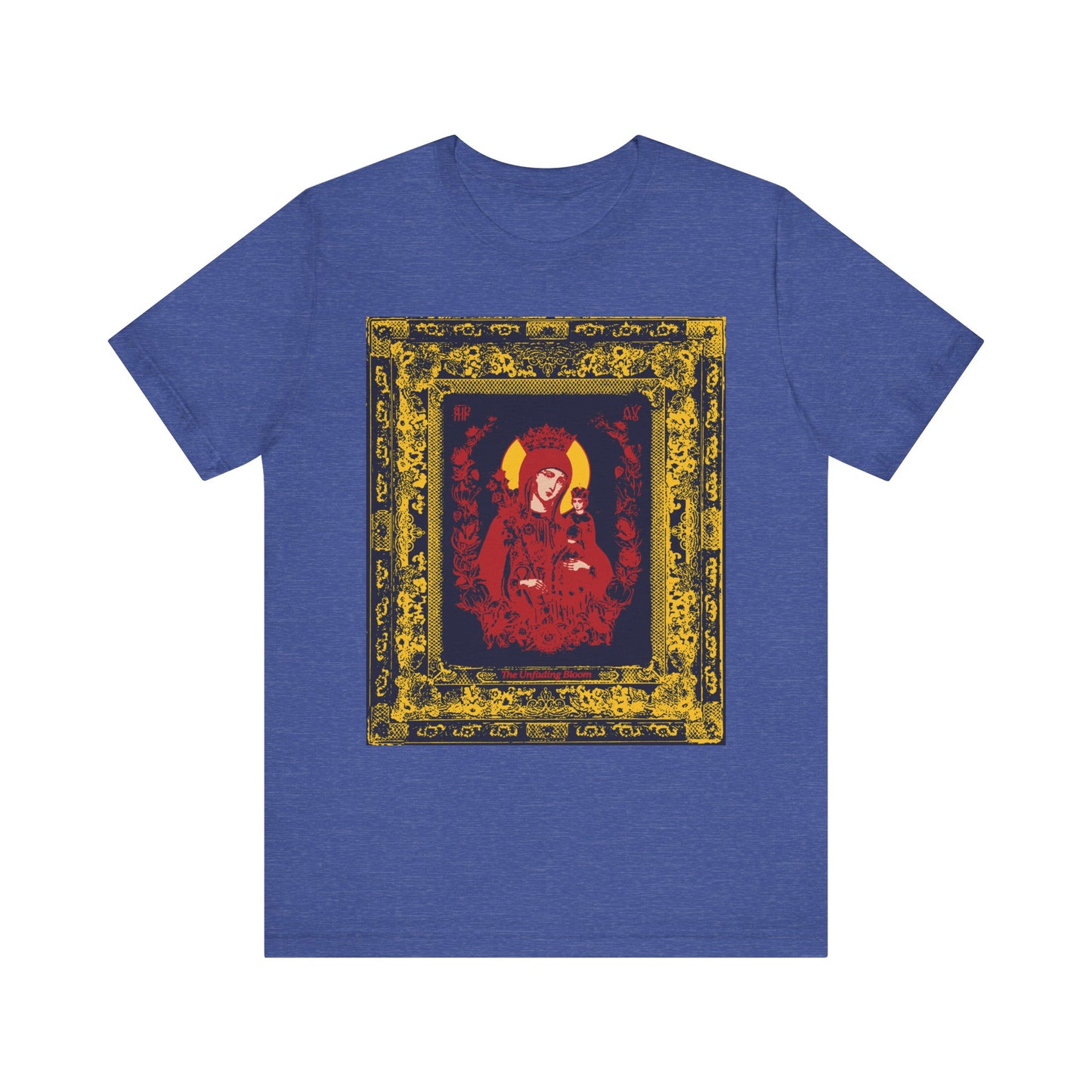Heather True Royal t-shirt featuring a framed red and gold iconographic graphic of the Mother of God, crowned and surrounded by ornate patterns, from the Unfading Bloom Ornate Theotokos collection.
