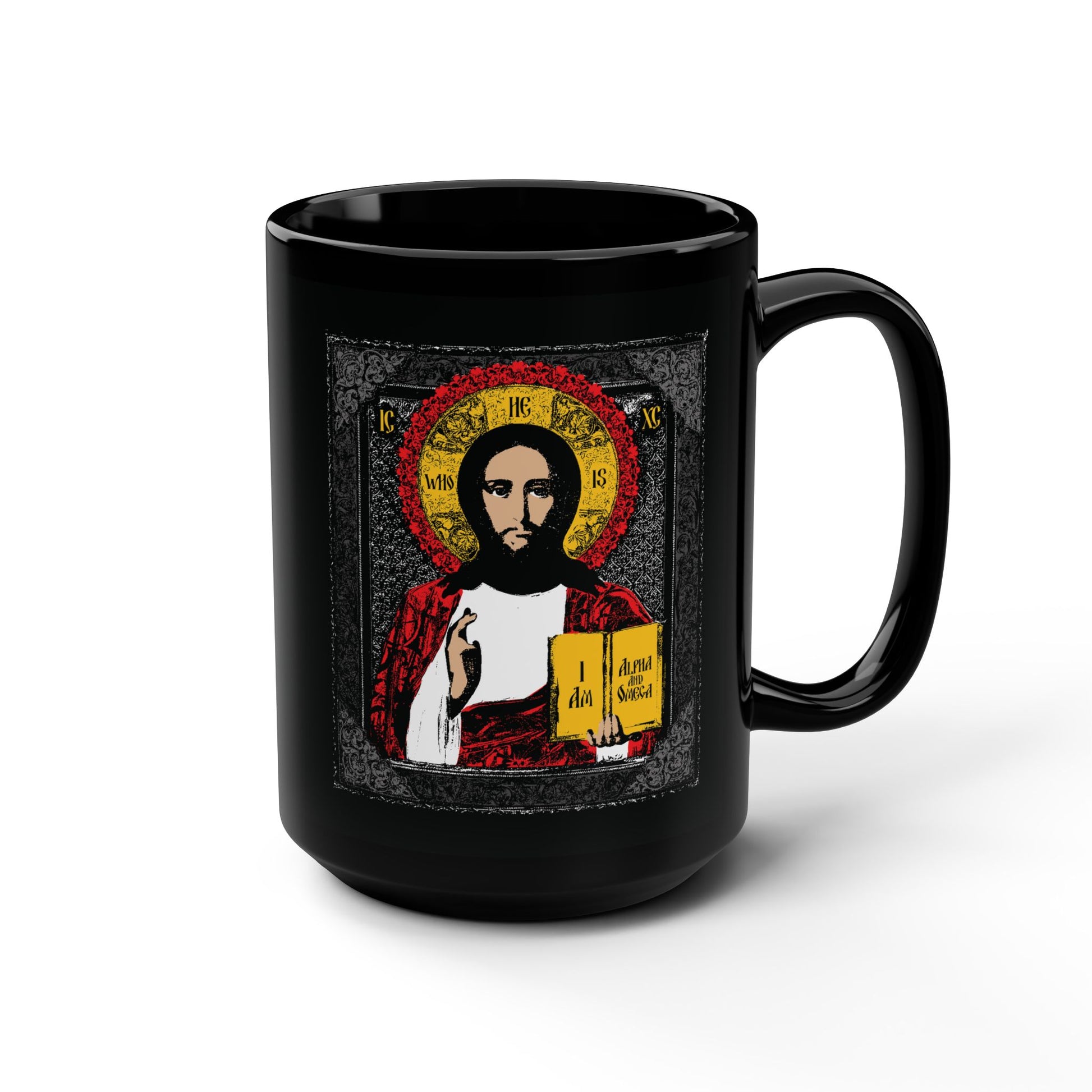 Black mug with Christ Pantocrator iconographic design, "He-Who-Is," featuring Jesus with a gold halo, inspired by "I Am the Alpha and Omega"—an Orthodox Christian icon-style graphic.