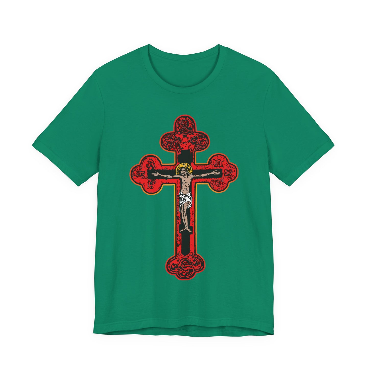 Kelly green unisex cotton tee featuring a bold red Byzantine Golgotha Cross with Christ at the center, inspired by "I Am Crucified With Christ" and Alpha & Omega. Red Orthodox Christian Crucifix design.