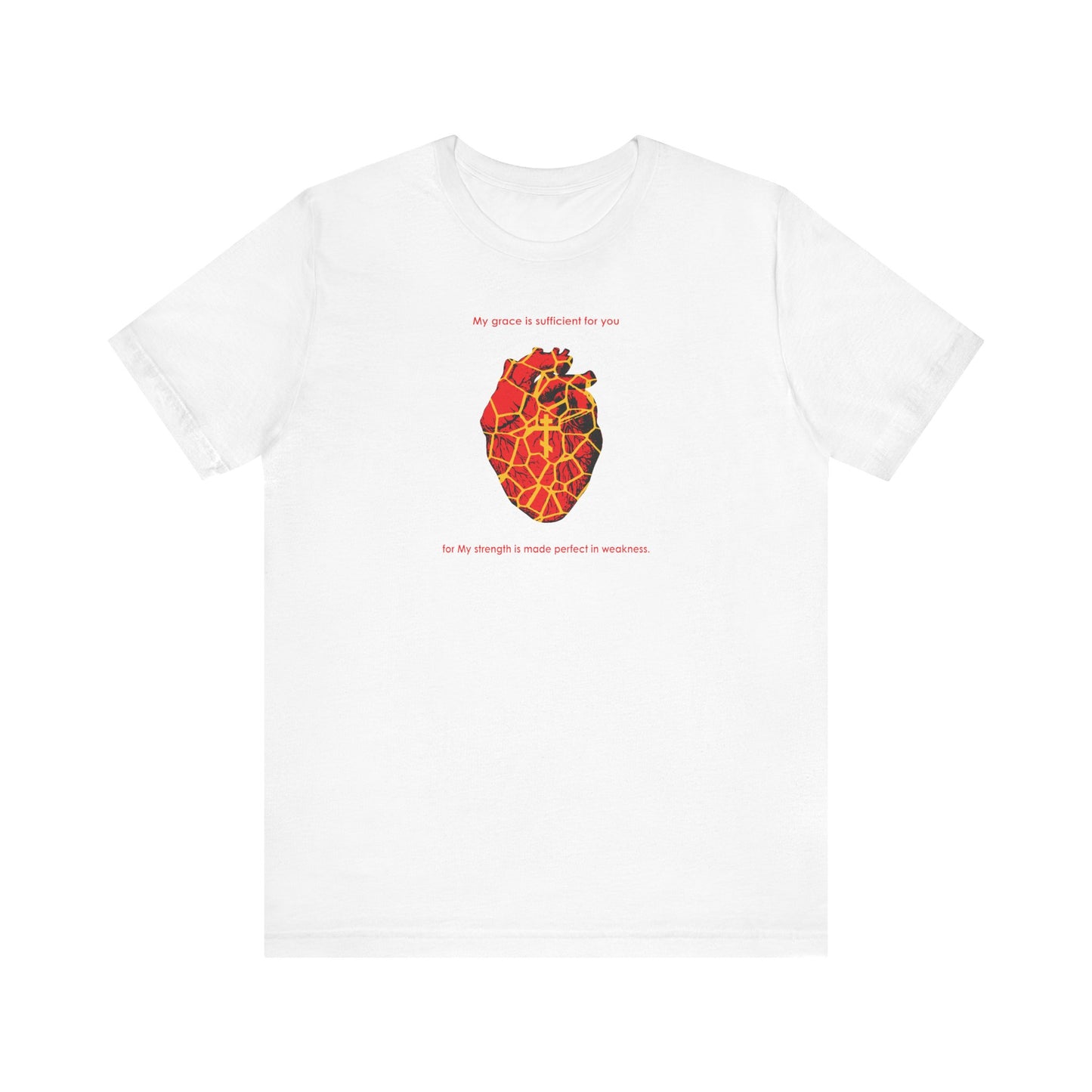 White "My Strength is Made Perfect in Weakness (2 Cor 12:9)" tee features a Kintsugi-style golden broken heart and Orthodox cross, symbolizing resilience. Lightweight cotton unisex fit.