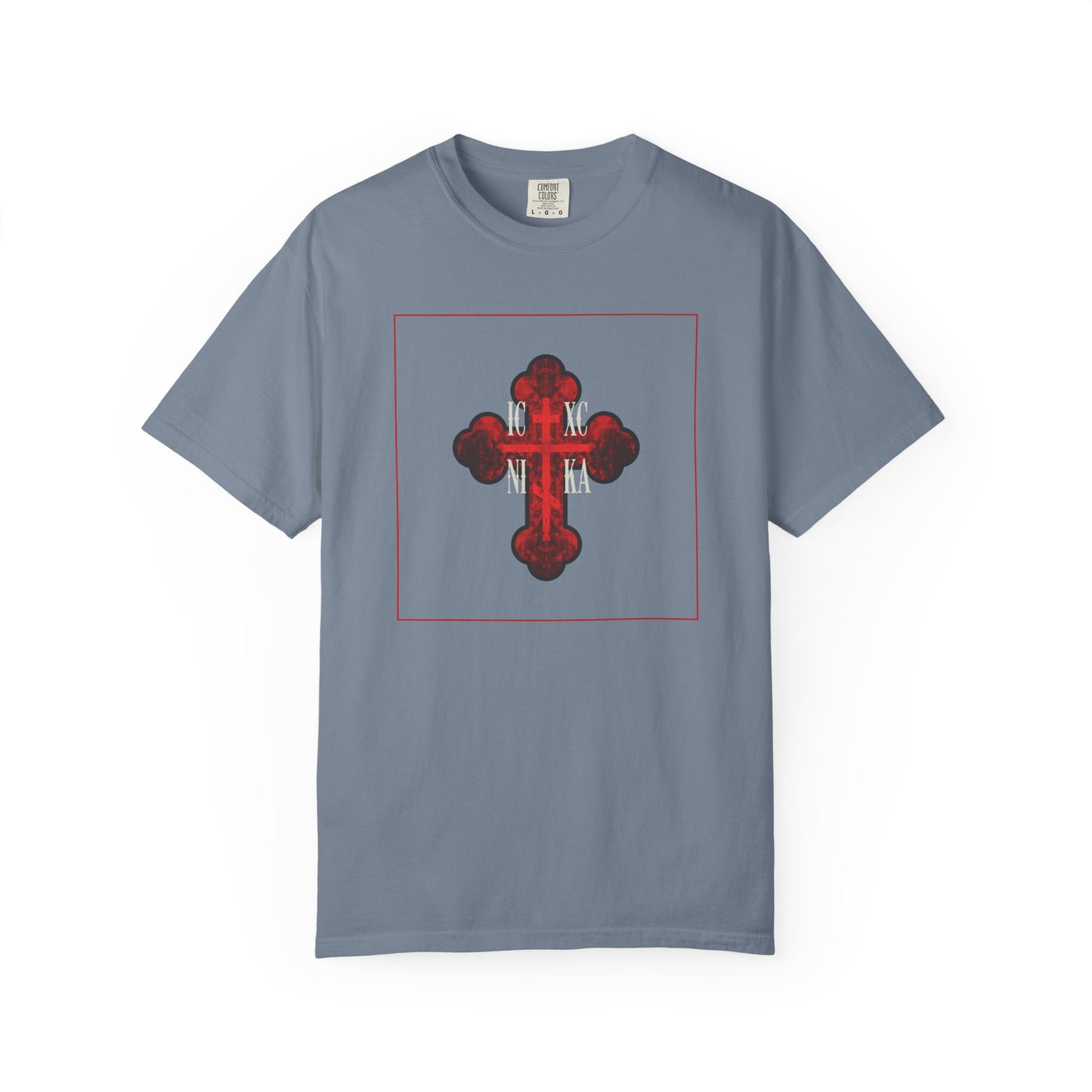 Blue Jean heavyweight cotton unisex tee featuring a red glowing ornate ICXC NIKA Orthodox Cross and textured Cyrillic lettering centered on the chest, symbolizing the salvation of the faithful.