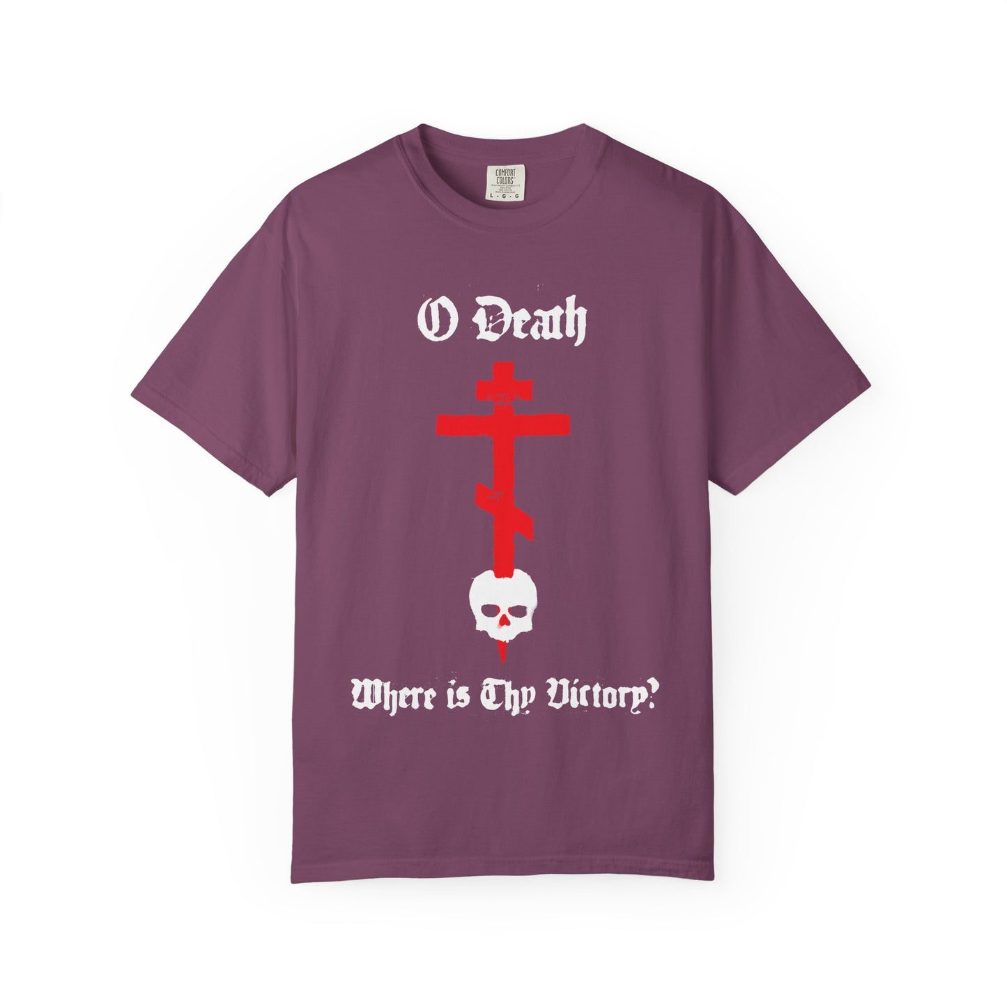 Berry unisex heavyweight cotton tee featuring a red Orthodox cross stabbing a white skull and the text "O Death, Where is Thy Victory?" in white, inspired by 1 Corinthians 15:55. Spraypaint aesthetic.