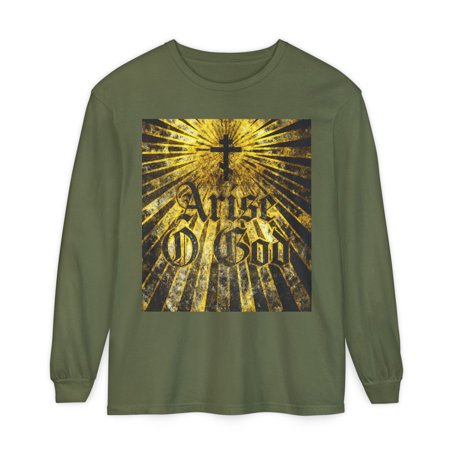 Hemp-colored long-sleeve featuring "Arise O God" in gothic font, Orthodox cross, and golden rays—reflecting the Divine Council worldview and inspired by Psalm 81 (82 LXX).