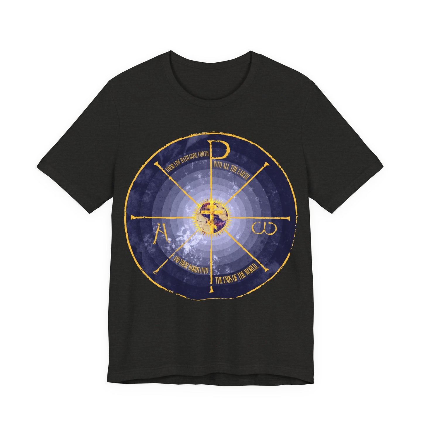 Geocentric Cross & Chi Rho | Alpha & Omega | Blue and Yellow Design | Medieval Style Graphic | Orthodox Christian Cotton T-Shirt