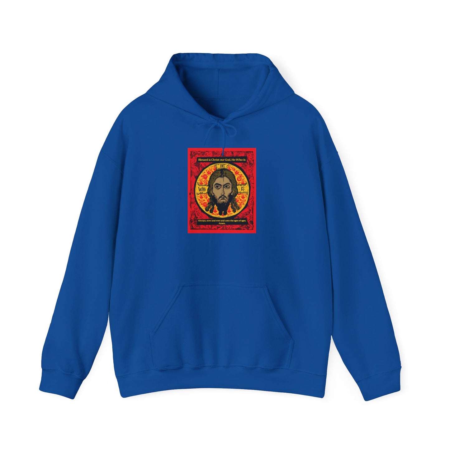 Royal blue hoodie featuring a vibrant red, black, and yellow graphic of the Mandylion (Image of Edessa) — Jesus Christ Orthodox Icon — on the chest, reflecting the tradition of icon veneration at the heart of Orthodox Christianity.