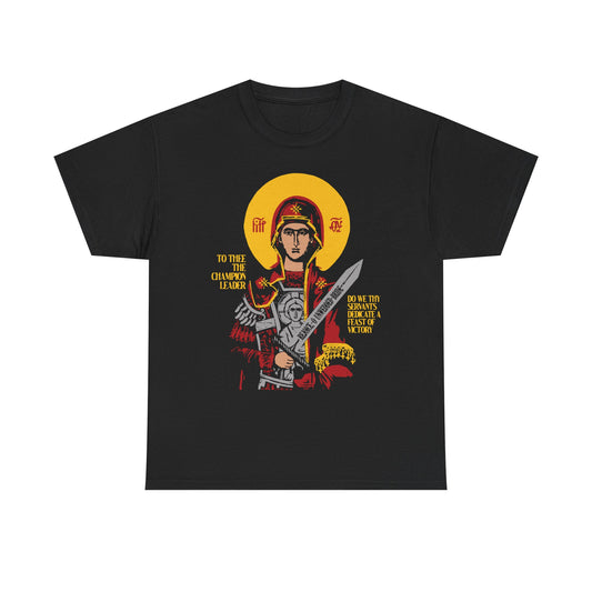 To Thee the Champion Leader | Mother of God | Theotokos with Sword IconoGraphic | Orthodox Christian Midweight Cotton Unisex Tee