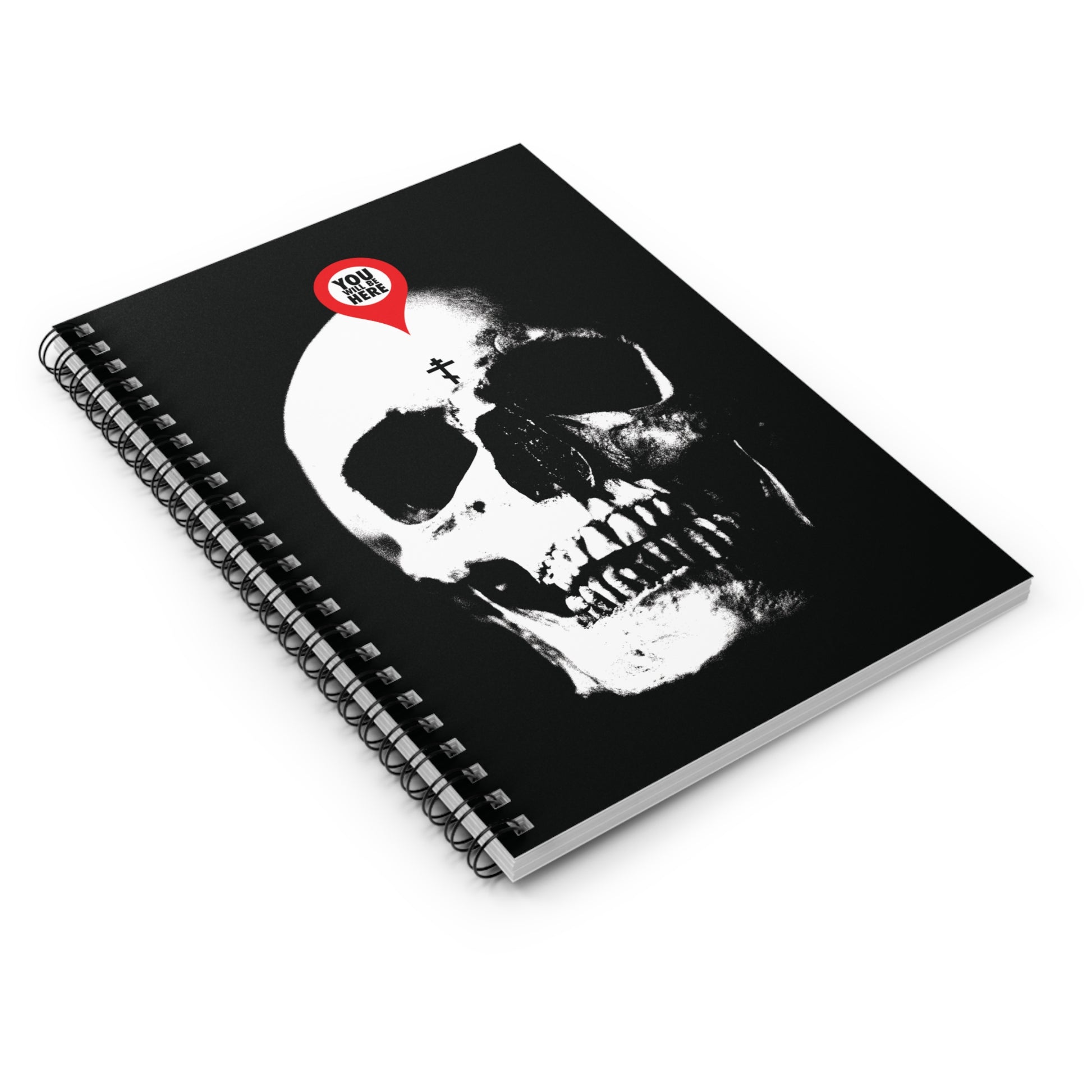 The "You Will Be Here Maps Marker on Skull" Orthodox Spiral Notebook features a striking memento mori design—remember, you will die—and invites reflection on spiritual mortality.