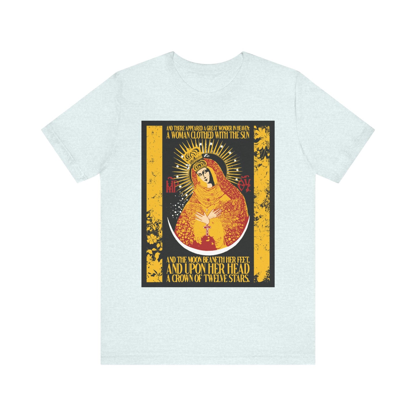 Heather Ice Blue t-shirt featuring "Our Lady the Gate of Dawn | Woman of the Apocalypse Rev 12:1" in a gold floral texture design, inspired by the crowned Theotokos with sun rays and decorative religious text. Lightweight unisex cotton.