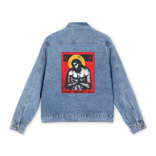 Medium denim wash jean jacket featuring "The King of Glory Jesus Christ 'Extreme Humility' IconoGraphic" in red, yellow, white, and black on the back—a unique Christian devotional design.