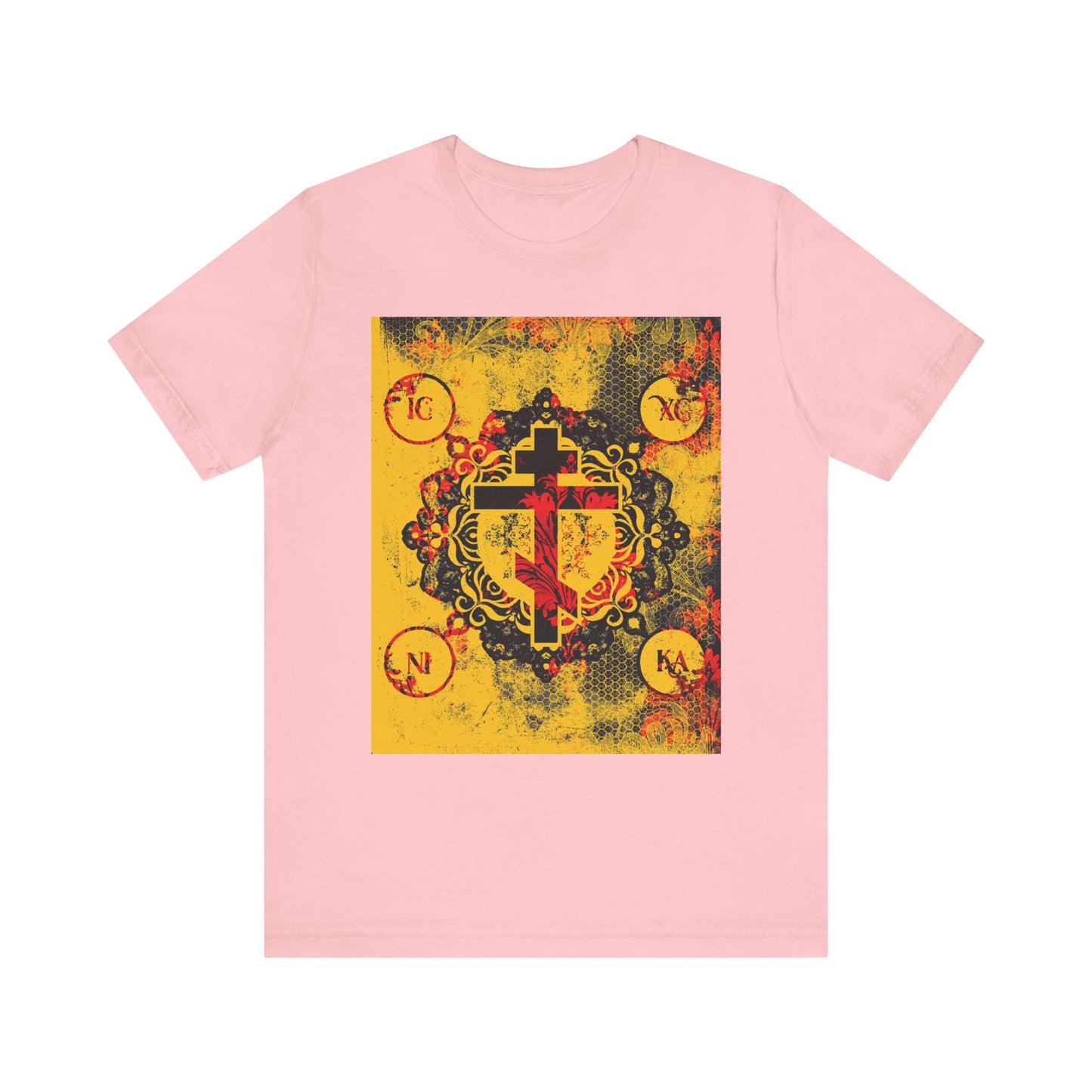Pink IC XC NIKA Orthodox Cross t-shirt with a bold yellow and red modern-medieval floral cross design featuring Greek letters, symbolizing the sacrifice of Christ. Lightweight cotton, unisex fit.