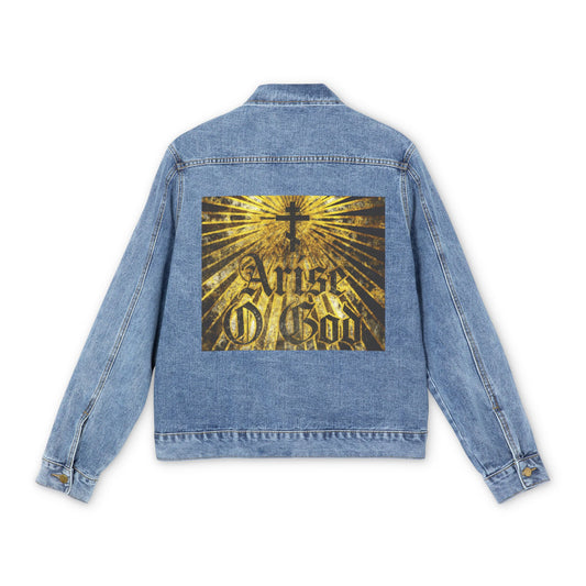 Medium denim wash jean jacket with a gold "Arise O God" graphic, textured Gothic font, Orthodox cross & golden rays on the back— inspired by Psalm 81 (82 LXX) and the Divine Council worldview.