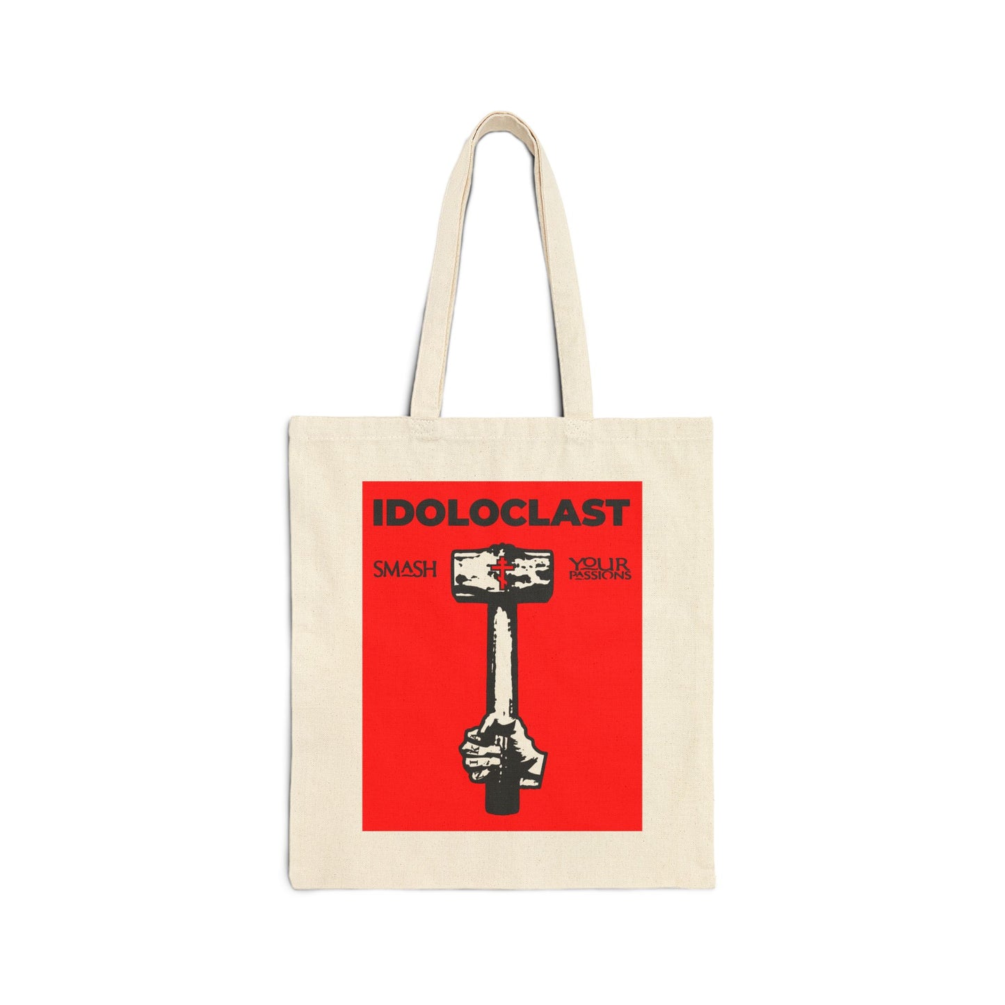 Idoloclast Idol-Smasher | Jesus NIKA Fist w/ Sledgehammer on Red Background | Smash Your Passions | Orthodox Christian Cotton Canvas Tote Bag