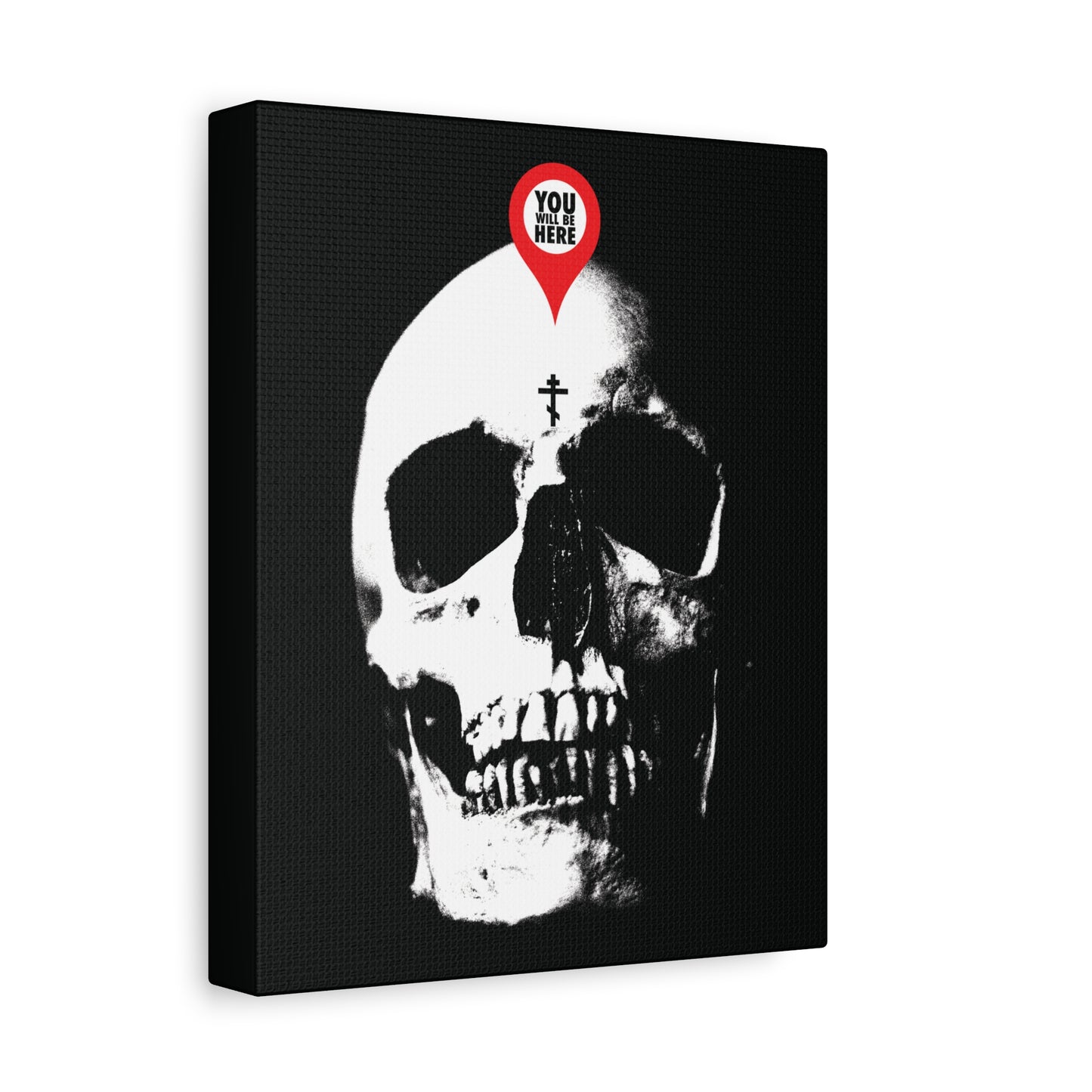The "You Will Be Here Maps Marker on Skull" canvas art features a white skull with a red location marker, symbolizing memento mori and Orthodox Christian death remembrance.