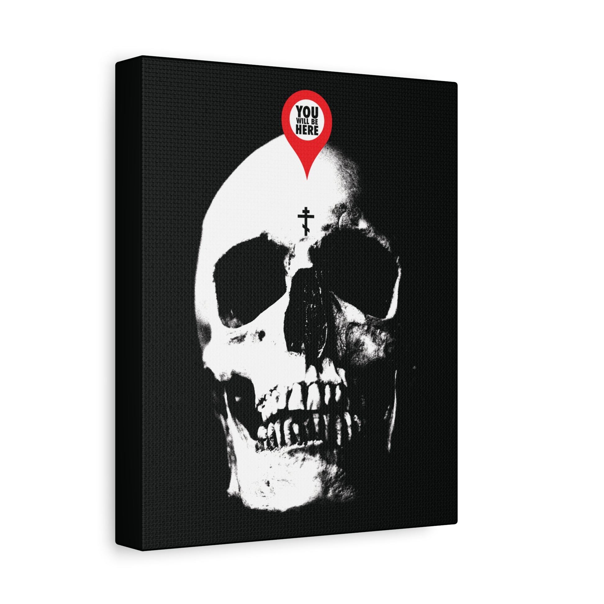 The "You Will Be Here Maps Marker on Skull" canvas art features a white skull with a red location marker, symbolizing memento mori and Orthodox Christian death remembrance.