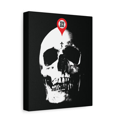 The "You Will Be Here Maps Marker on Skull" canvas art features a white skull with a red location marker, symbolizing memento mori and Orthodox Christian death remembrance.