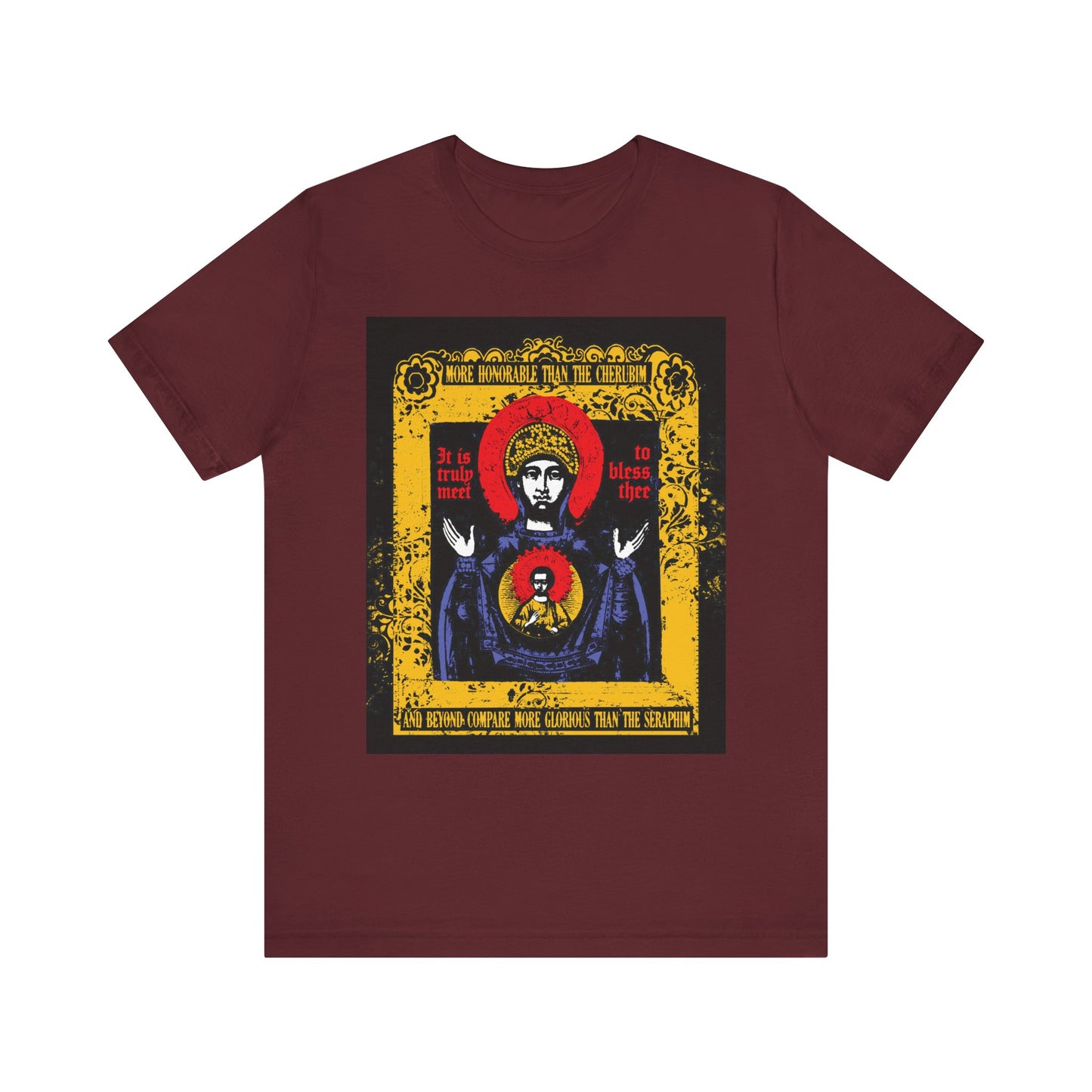 Maroon "It is Truly Meet To Bless Thee Iconographic" unisex cotton tee featuring a stylized Axion Estin Hymn icon of the Mother of God with gold, red, and black accents and bold text.