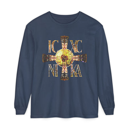 ICXC NIKA Celtic Style Equal Armed Cross | Bright Solar Texture | Orthodox Christian Long Sleeve Shirt