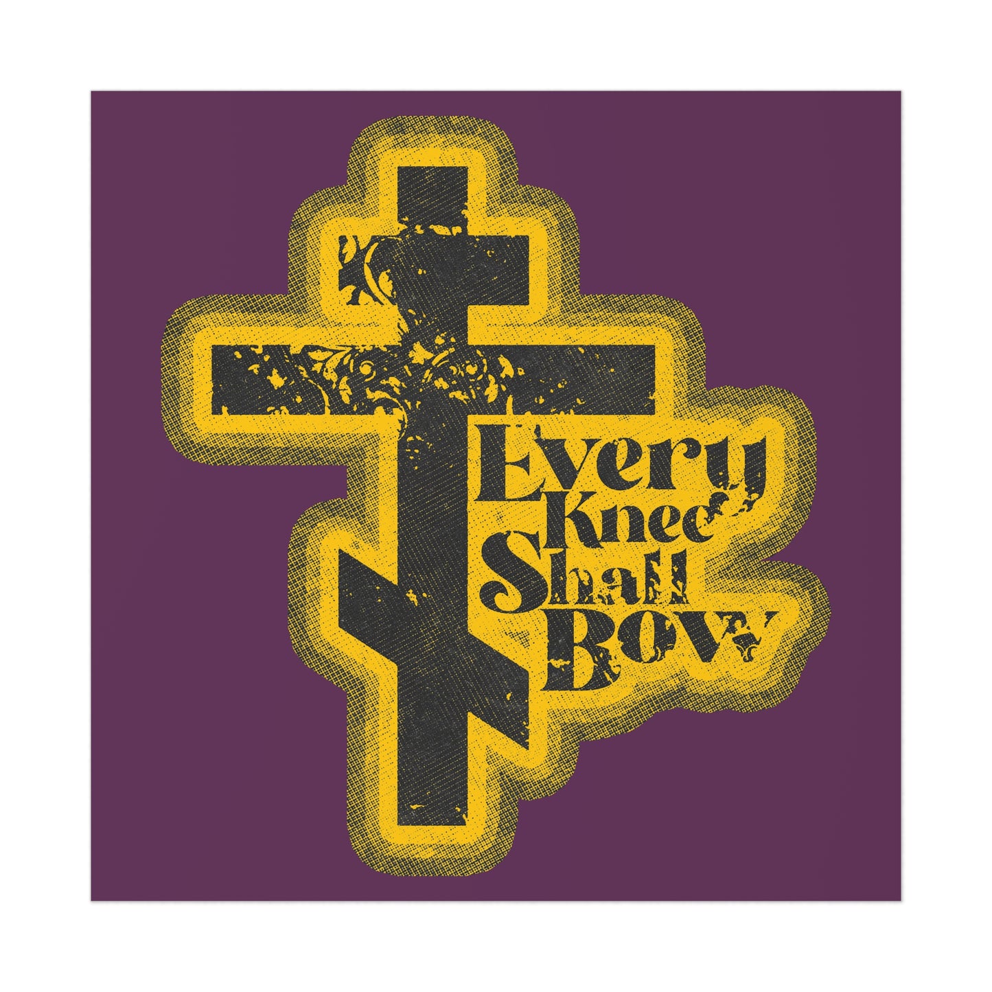 A 70s distressed halftone comic book style art poster featuring a stylized cross and "Every Knee Shall Bow" with Philippians 2:10-11 and Isaiah 45:23, in Orthodox Christian art on a purple background.