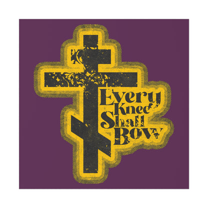 A 70s distressed halftone comic book style art poster featuring a stylized cross and "Every Knee Shall Bow" with Philippians 2:10-11 and Isaiah 45:23, in Orthodox Christian art on a purple background.