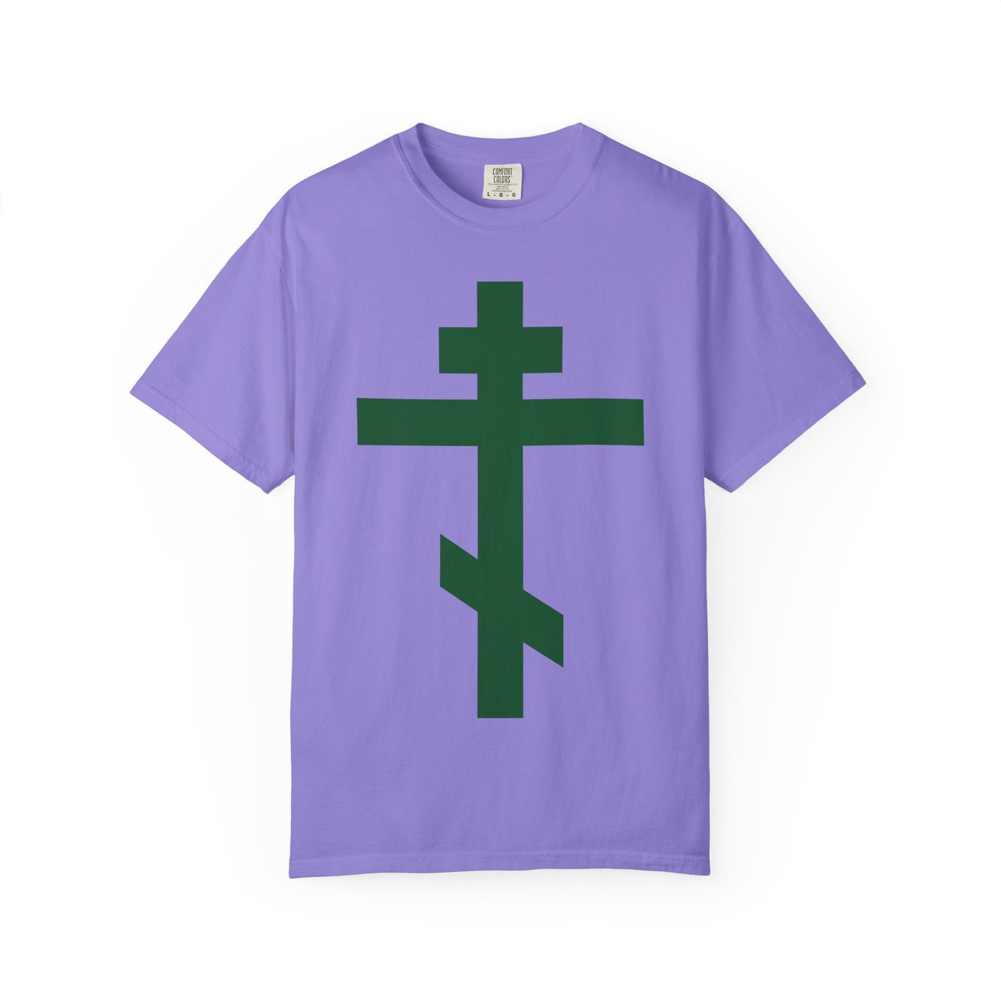 Violet heavyweight cotton unisex tee featuring a large, forest green Orthodox tribar cross on the front, inspired by the Troparion “Preserve Thy People By Thy Cross, O Lord” and celebrating the message “Christ is King.”.