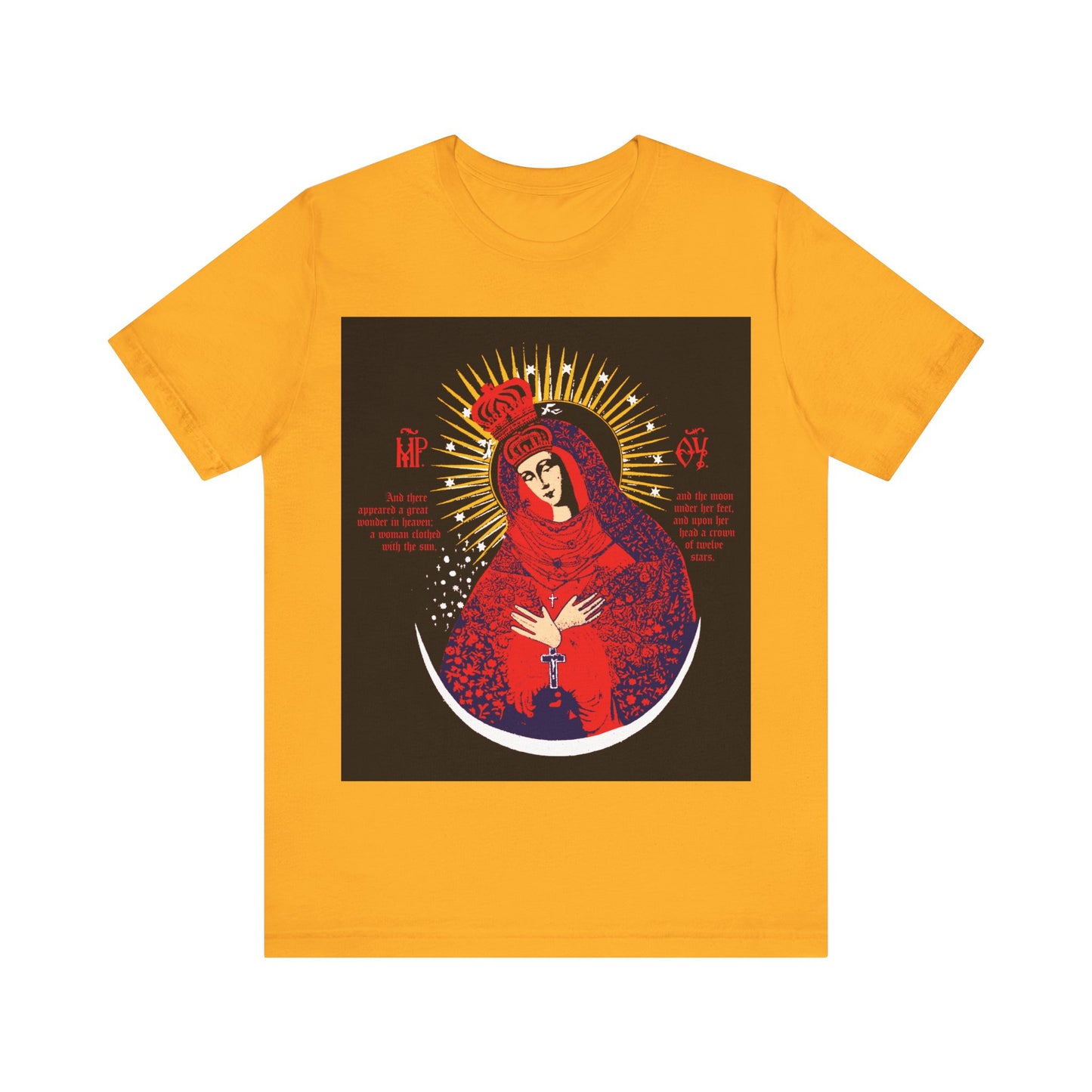 Gold cotton t-shirt with a red, blue, and gold graphic of Our Lady the Gate of Dawn, inspired by the Vilnius icon and Orthodox tradition; features radiant lines on the front in an icono-graphic "Woman of the Apocalypse" design.