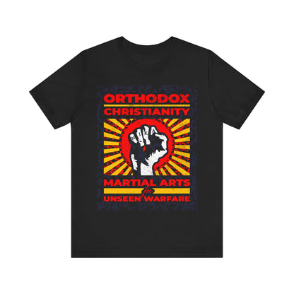 Orthodox Christianity: Martial Arts for Unseen Warfare | NIKA Jesus Fist on Colorful Sunburst Design | Orthodox Christian T-Shirt
