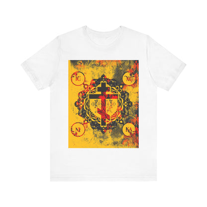 White IC XC NIKA Orthodox Cross t-shirt with a red and black cross on a yellow, modern & medieval floral background—Orthodox Christian design combining textured florals and faith.