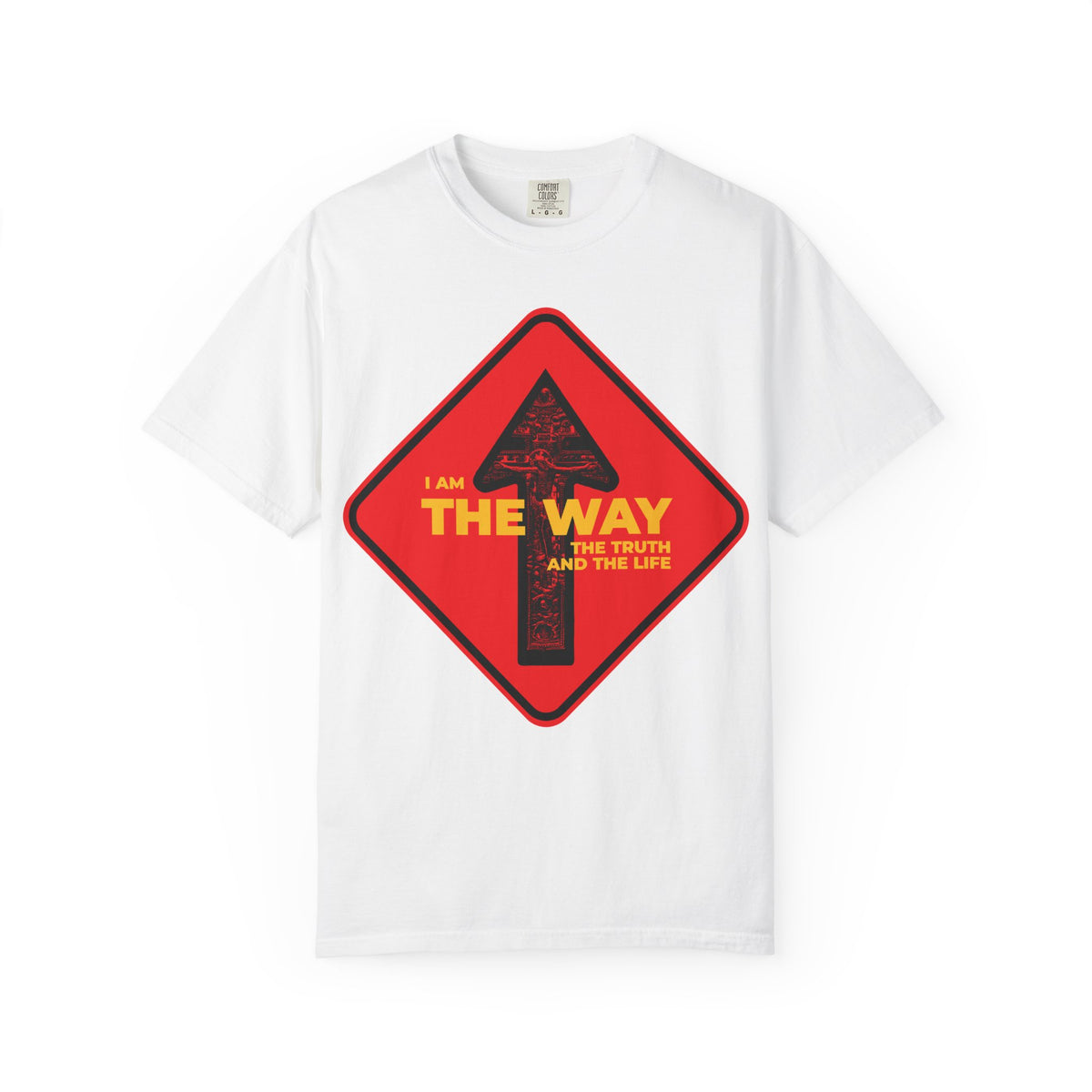 White heavyweight cotton unisex tee featuring a red street sign “One Way” arrow crucifix design and the text “I AM THE WAY THE TRUTH AND THE LIFE” in yellow—a meaningful Orthodox Christian shirt inspired by John 14:6, proclaiming that Jesus is the way, the truth, and the life.