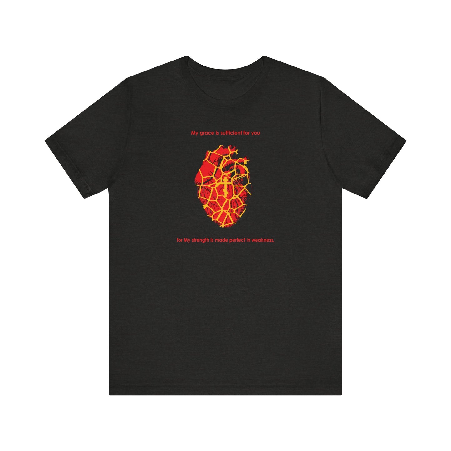 My Strength is Made Perfect in Weakness (2 Cor 12:9) | Kintsugi Style Golden Broken Heart | Orthodox Cross | Lightweight Cotton Unisex Tee