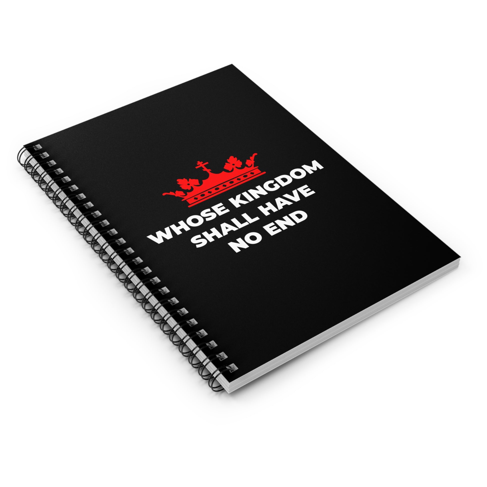 A black spiral notebook featuring a red Orthodox crown cross and the text "WHOSE KINGDOM SHALL HAVE NO END," inspired by Christian eschatology and the Nicene Creed.
