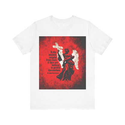 White "Little Divides Angels from Men" t-shirt features a textured cemetery angel on a red background with a quote by St. John Chrysostom, nodding to Christian perfection and Orthodox faith. Color: White.