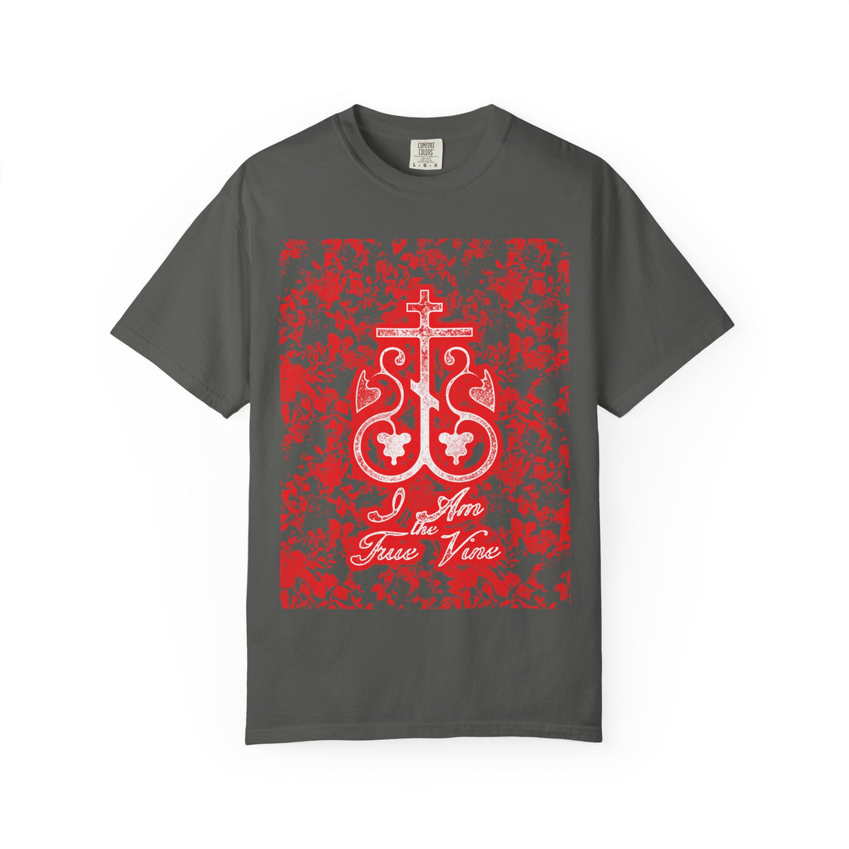Pepper-colored heavyweight cotton unisex tee featuring a red and black floral Orthodox cross vine monogram and the script “I Am the True Vine” (John 15:1)—a meaningful reminder to stay connected and bear fruit through faith.