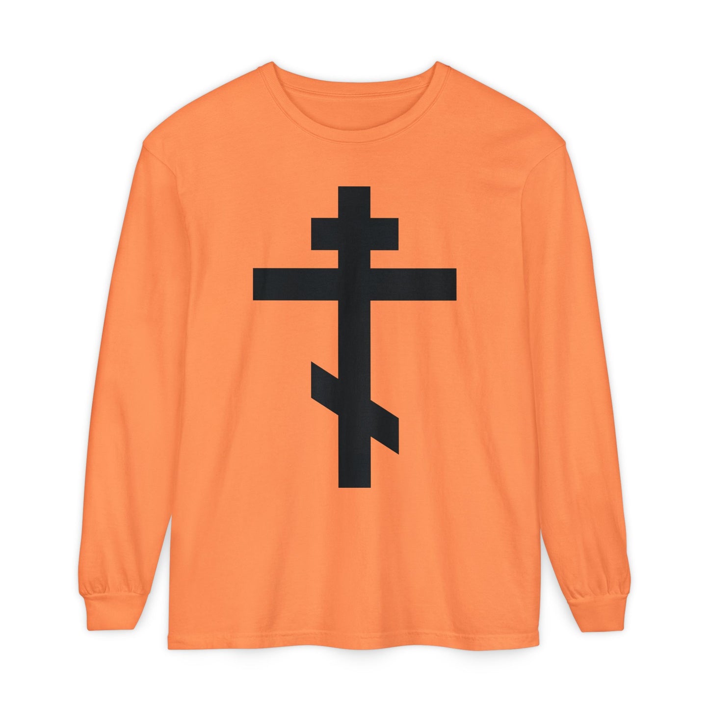 Melon long-sleeve shirt featuring a large black Orthodox cross on the front, inspired by Galatians 6:14—“May I never boast, except in the cross of our Lord Jesus Christ.”.