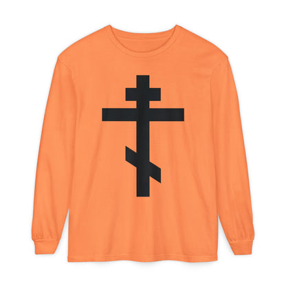 Melon long-sleeve shirt featuring a large black Orthodox cross on the front, inspired by Galatians 6:14—“May I never boast, except in the cross of our Lord Jesus Christ.”.