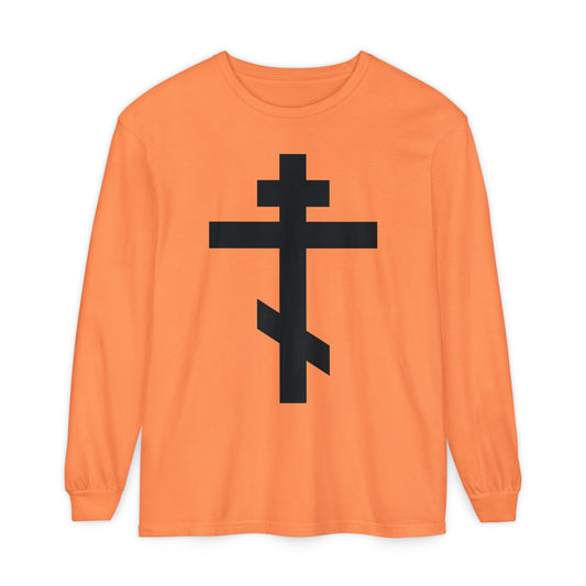 Melon long-sleeve shirt featuring a large black Orthodox cross on the front, inspired by Galatians 6:14—“May I never boast, except in the cross of our Lord Jesus Christ.”.