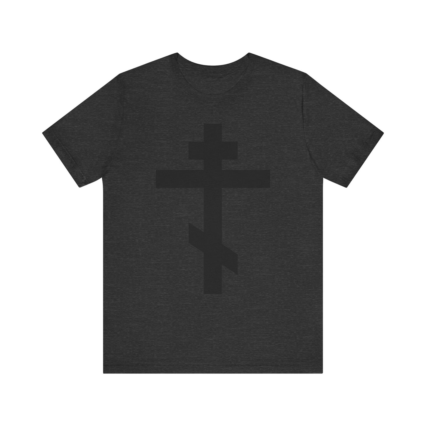 Dark Grey Heather unisex lightweight cotton tee featuring a large black Orthodox cross and the message: "He bore our sins on the cross so that we might die to sin & live to righteousness.