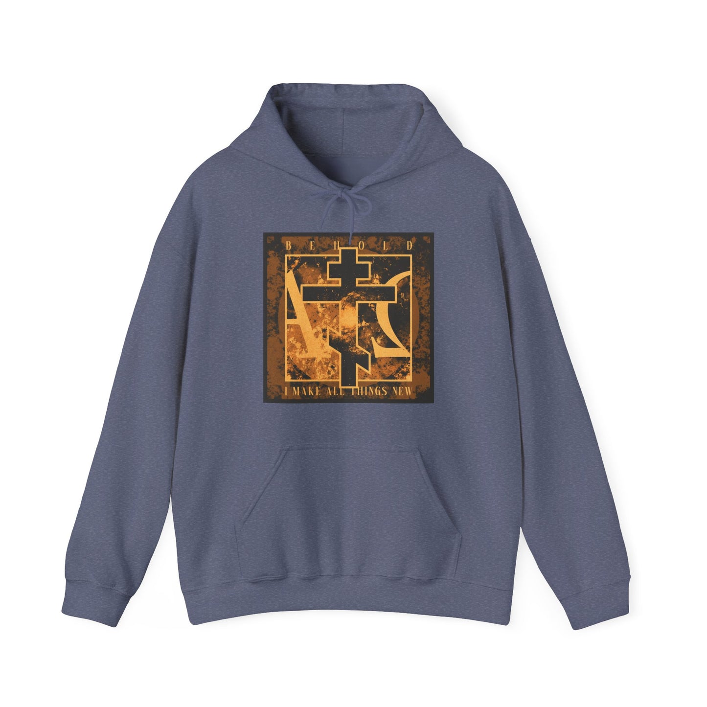 Heather navy hoodie featuring a brown and orange Orthodox cross with Alpha & Omega background, and the text "Behold, I make all things new" (Rev 21:5), inspired by the promise of a new heaven and earth.